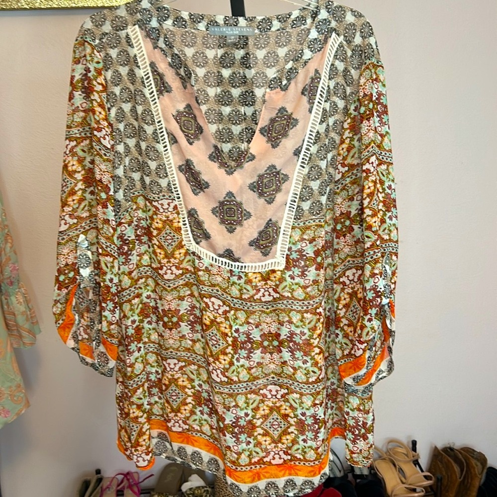 Valerie Steven’s 2x Semi Sheer cream brown pink orange Boho Top